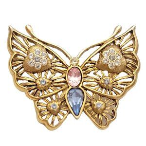 1928 Jewelry Brand Gold Tone Filigree Pink Blue Rhinestone Butterfly Brooch K11